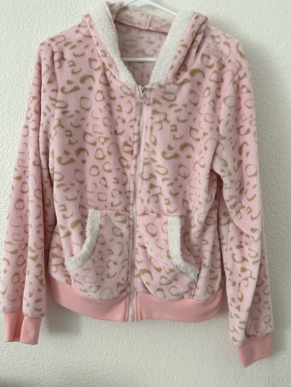 SHEIN Pink Leopard Print Sherpa-Lined Zip Hoodie